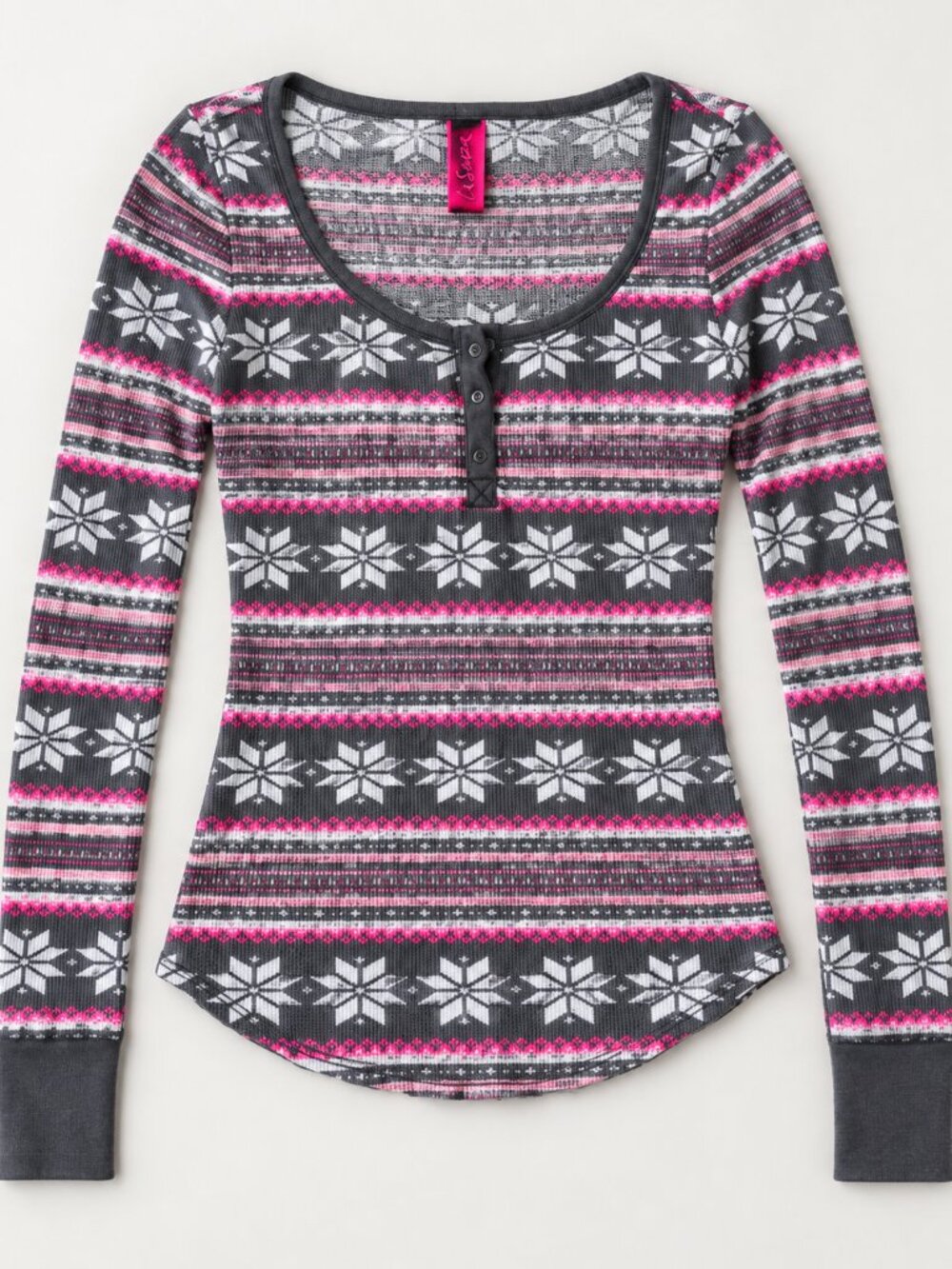La Senza Fair Isle Thermal Henley Top XS Pink Grey Long Sleeve
